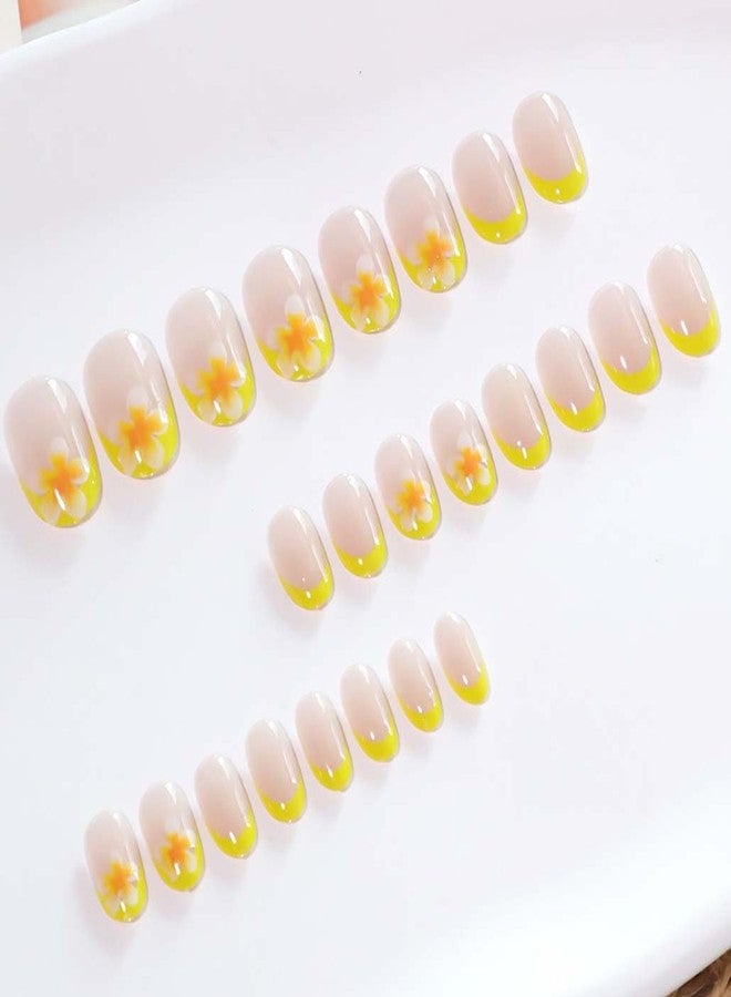 Foccna 24Pcs Press on Nails Short Almond Fake Nails with Flower Designs Nude Yellow Glossy Full Cover Stick on Nails Acylic Nails for Women and Girls - Image 2